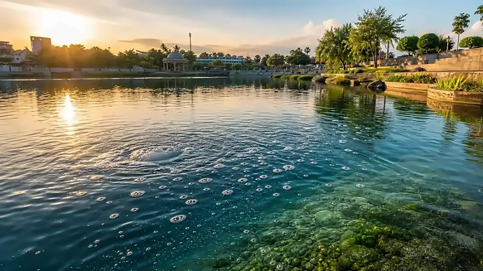 Clear lake at sunset